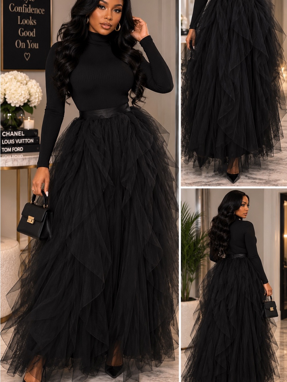Chic Black Layered Tulle Maxi Skirt -